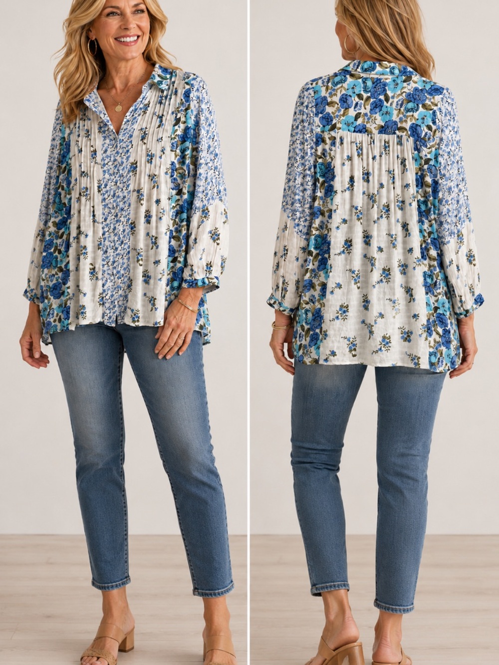 Jane + Delancey Blue Floral Boho Tunic Blouse L